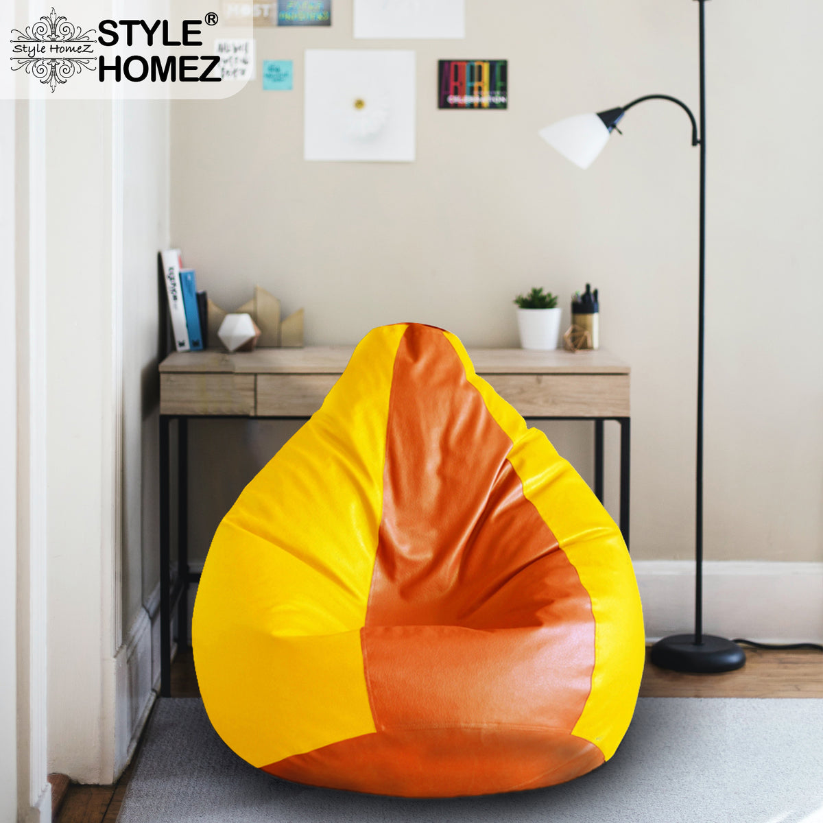 Style Homez Premium Leatherette Classic Bean Bag XXL Size Orange Yellow Color Filled with Beans Fillers