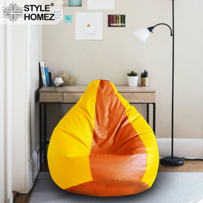 Style Homez Premium Leatherette Classic Bean Bag XXL Size Orange Yellow Color Filled with Beans Fillers