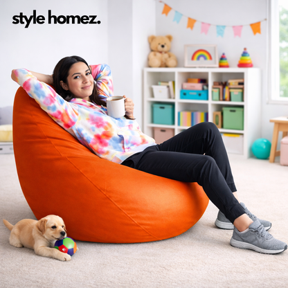 Style Homez Premium Leatherette Classic Bean Bag XXL Size Orange Color, Cover Only