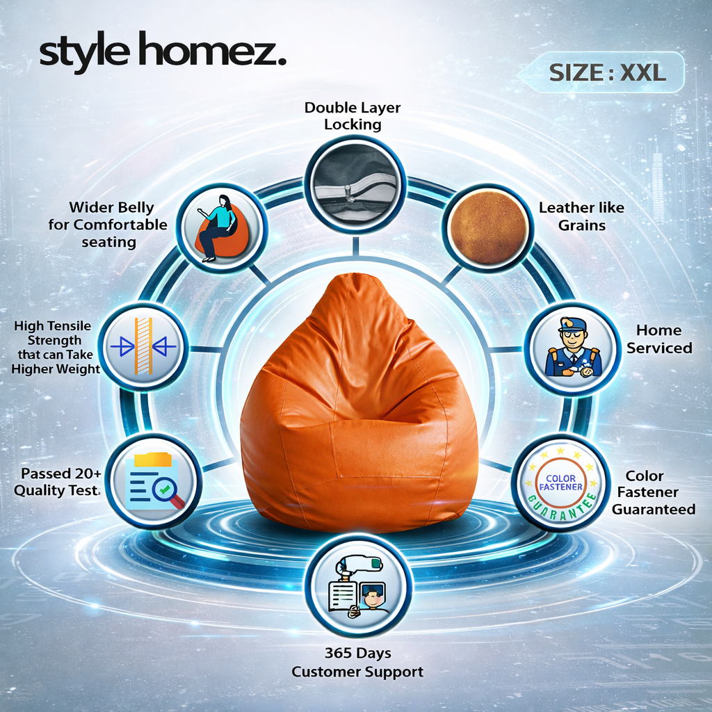 Style Homez Premium Leatherette Classic Bean Bag XXL Size Orange Color, Cover Only