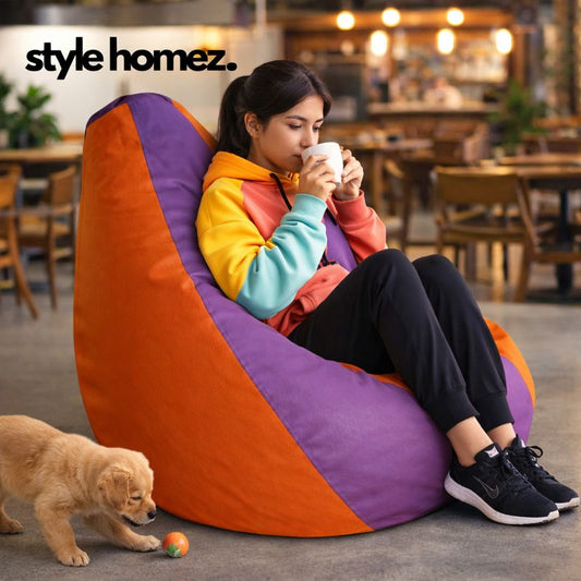 Style Homez Premium Leatherette Classic Bean Bag XXL Size Purple Orange Color Filled with Beans Fillers