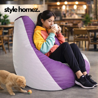 Style Homez Premium Leatherette Classic Bean Bag XXL Size Purple White Color Filled with Beans Fillers