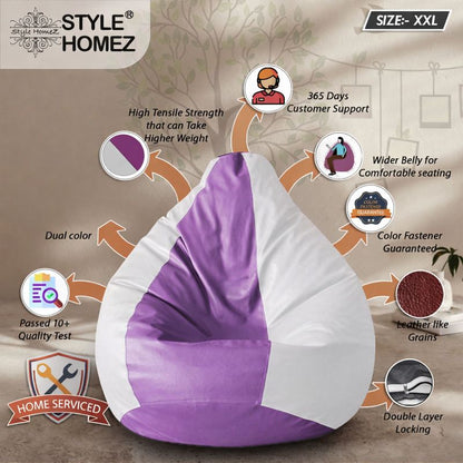 Style Homez Premium Leatherette Classic Bean Bag XXL Size Purple White Color Filled with Beans Fillers