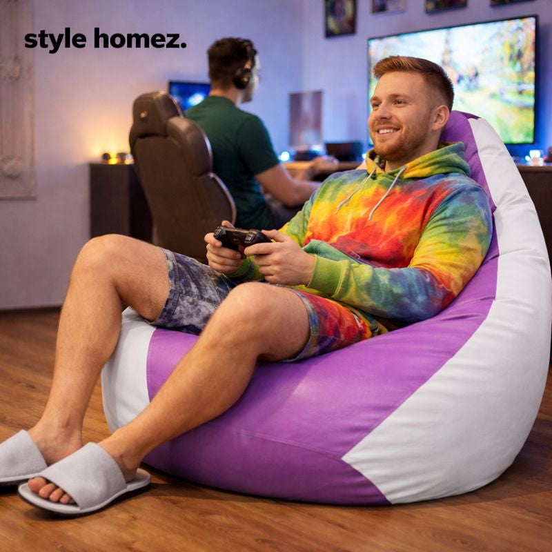 Style Homez Premium Leatherette Classic Bean Bag XXL Size Purple White Color Filled with Beans Fillers