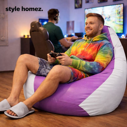 Style Homez Premium Leatherette Classic Bean Bag XXL Size Purple White Color Filled with Beans Fillers