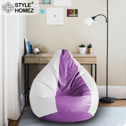 Style Homez Premium Leatherette Classic Bean Bag XXL Size Purple White Color Filled with Beans Fillers