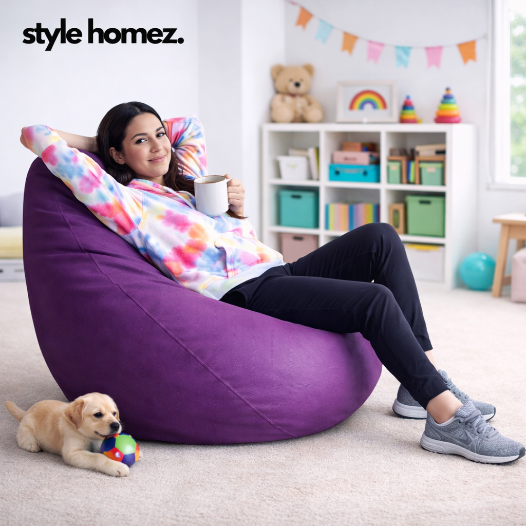Style Homez Premium Leatherette Classic Bean Bag XXL Size Purple Color Filled with Beans Fillers
