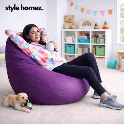 Style Homez Premium Leatherette Classic Bean Bag XXL Size Purple Color Filled with Beans Fillers