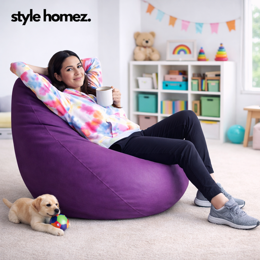 Style Homez Premium Leatherette Classic Bean Bag XXL Size Purple Color Filled with Beans Fillers