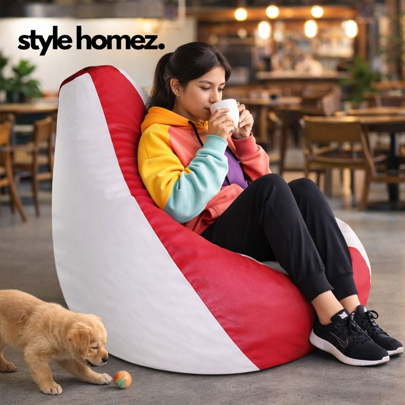 Style Homez Premium Leatherette Classic Bean Bag XXL Size Red White Color Filled with Beans Fillers