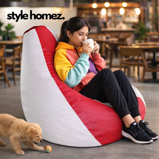Style Homez Premium Leatherette Classic Bean Bag XXL Size Red White Color Filled with Beans Fillers