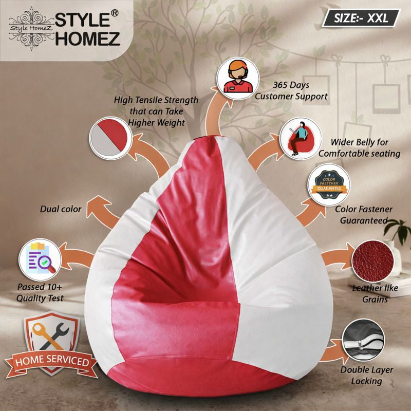 Style Homez Premium Leatherette Classic Bean Bag XXL Size Red White Color Filled with Beans Fillers