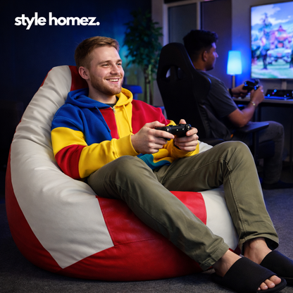 Style Homez Premium Leatherette Classic Bean Bag XXL Size Red White Color Filled with Beans Fillers