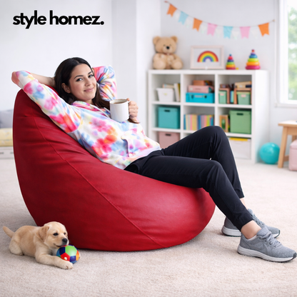 Style Homez Premium Leatherette Classic Bean Bag XXL Size Red Color Filled with Beans Fillers