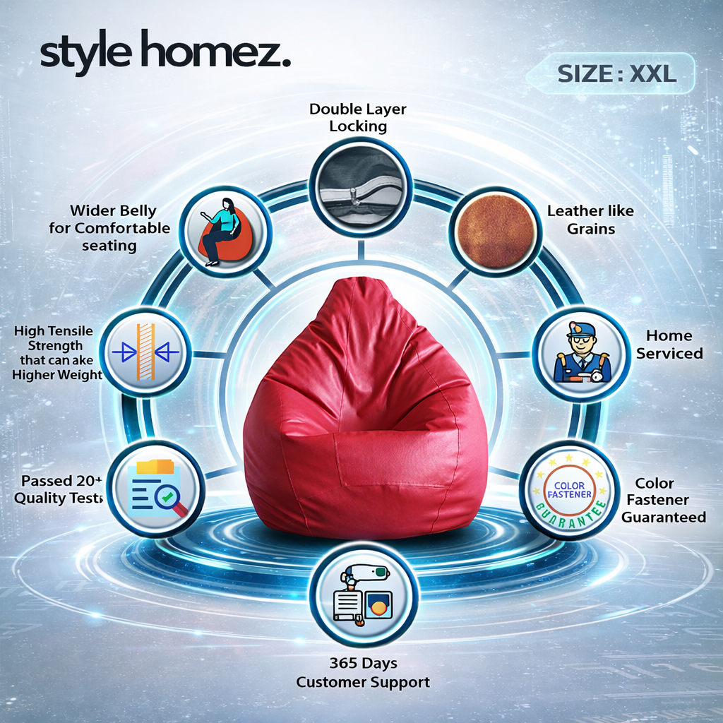 Style Homez Premium Leatherette Classic Bean Bag XXL Size Red Color Filled with Beans Fillers