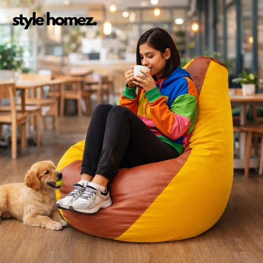 Style Homez Premium Leatherette Classic Bean Bag XXL Size Tan Yellow Color Filled with Beans Fillers