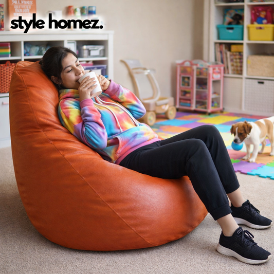 Style Homez Premium Leatherette Classic Bean Bag XXL Size TAN Color Filled with Beans Fillers