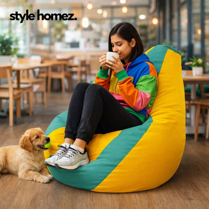 Style Homez Premium Leatherette Classic Bean Bag XXL Size Teal Yellow Color Filled with Beans Fillers