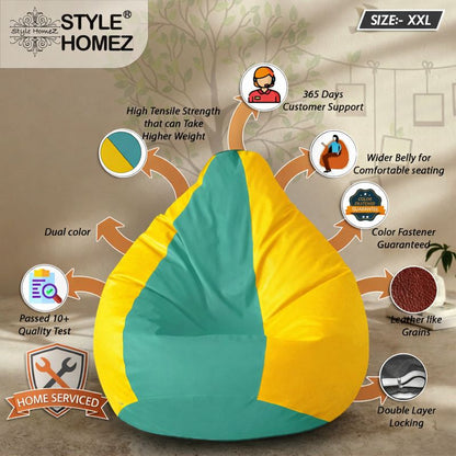 Style Homez Premium Leatherette Classic Bean Bag XXL Size Teal Yellow Color Filled with Beans Fillers
