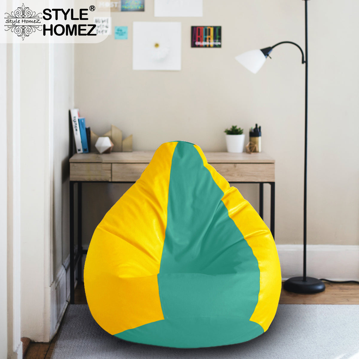 Style Homez Premium Leatherette Classic Bean Bag XXL Size Teal Yellow Color Filled with Beans Fillers