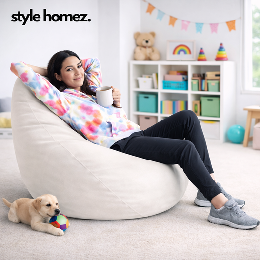 Style Homez Premium Leatherette Classic Bean Bag XXL Size White Color Filled with Beans Fillers