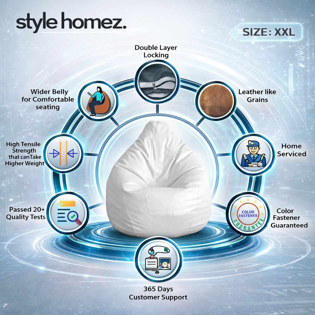 Style Homez Premium Leatherette Classic Bean Bag XXL Size White Color Filled with Beans Fillers
