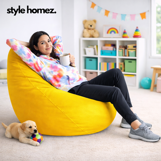 Style Homez Premium Leatherette Classic Bean Bag XXL Size Yellow Color Filled with Beans Fillers