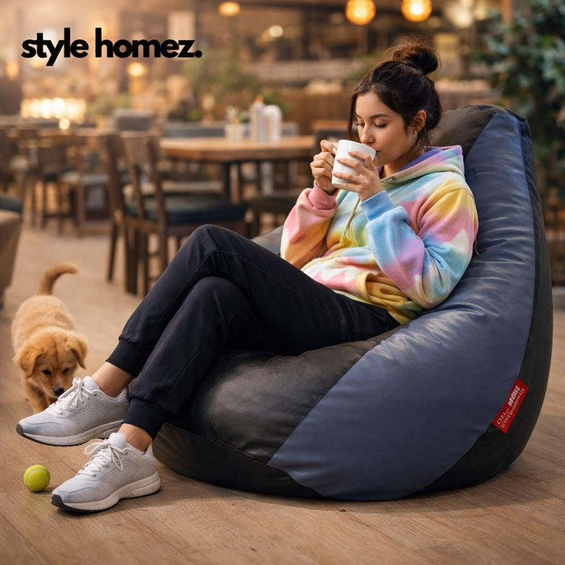 Style Homez Premium Leatherette Classic Bean Bag XXXL Size Black Grey Color Filled with Beans Fillers