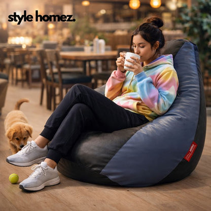 Style Homez Premium Leatherette Classic Bean Bag XXXL Size Black Grey Color Filled with Beans Fillers