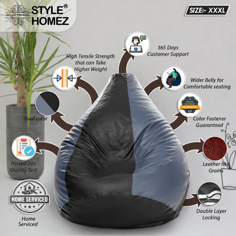 Style Homez Premium Leatherette Classic Bean Bag XXXL Size Black Grey Color Filled with Beans Fillers