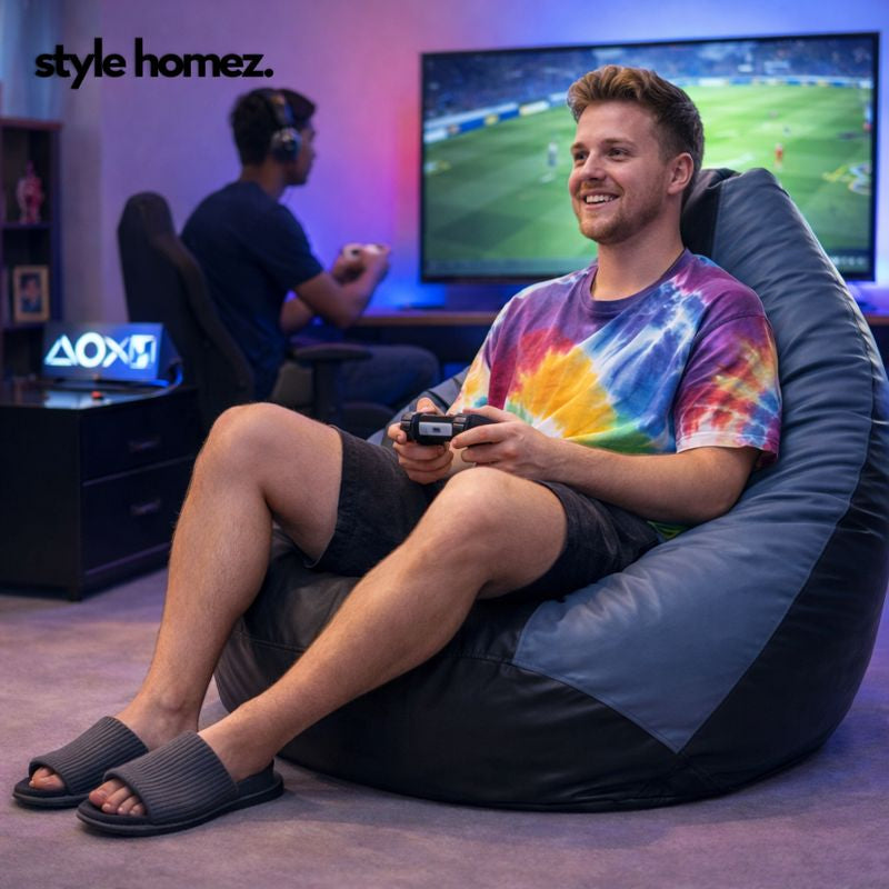 Style Homez Premium Leatherette Classic Bean Bag XXXL Size Black Grey Color Filled with Beans Fillers
