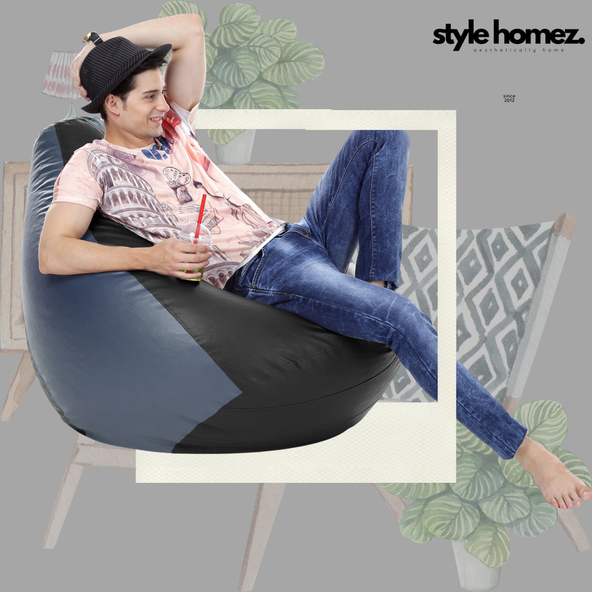 Style Homez Premium Leatherette Classic Bean Bag XXXL Size Black Grey Color Filled with Beans Fillers