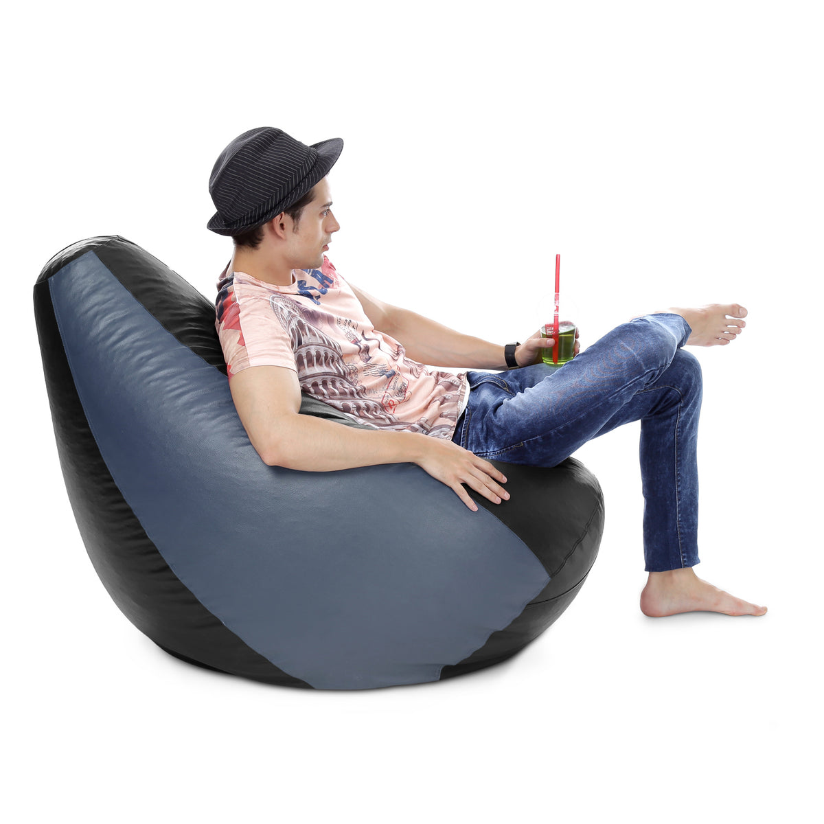 Style Homez Premium Leatherette Classic Bean Bag XXXL Size Black Grey Color Filled with Beans Fillers