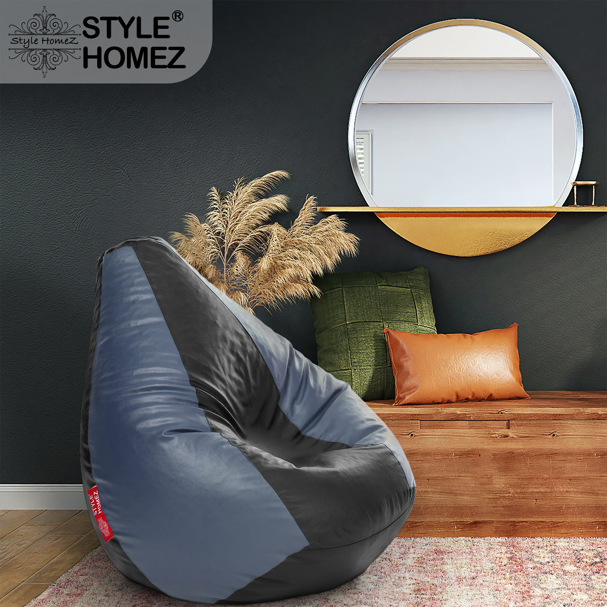 Style Homez Premium Leatherette Classic Bean Bag XXXL Size Black Grey Color Filled with Beans Fillers