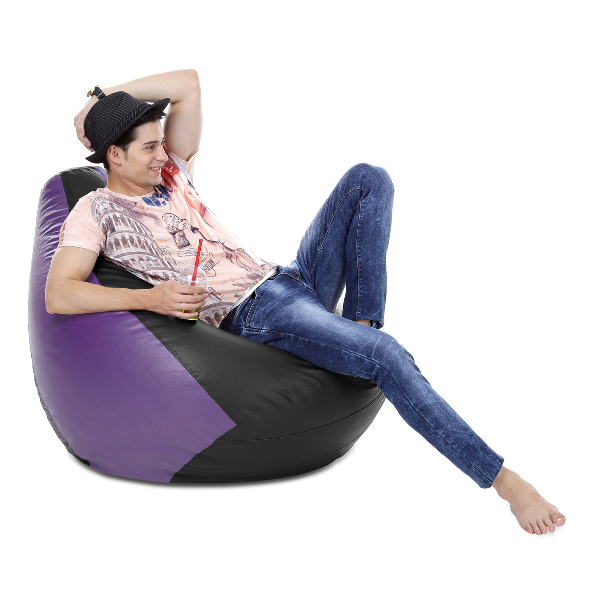 Style Homez Premium Leatherette Classic Bean Bag XXXL Size Black Purple Color Filled with Beans Fillers
