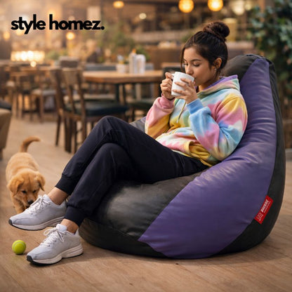 Style Homez Premium Leatherette Classic Bean Bag XXXL Size Black Purple Color Filled with Beans Fillers