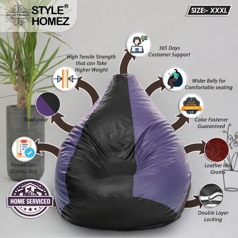 Style Homez Premium Leatherette Classic Bean Bag XXXL Size Black Purple Color Filled with Beans Fillers
