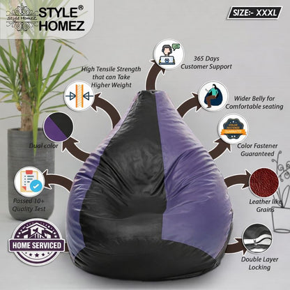 Style Homez Premium Leatherette Classic Bean Bag XXXL Size Black Purple Color Filled with Beans Fillers