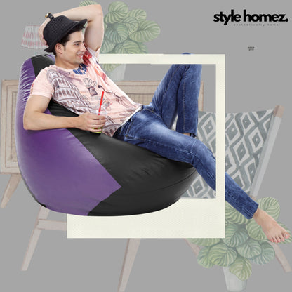 Style Homez Premium Leatherette Classic Bean Bag XXXL Size Black Purple Color Filled with Beans Fillers