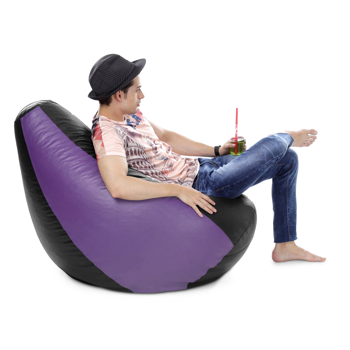 Style Homez Premium Leatherette Classic Bean Bag XXXL Size Black Purple Color Filled with Beans Fillers