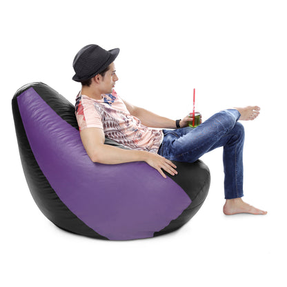 Style Homez Premium Leatherette Classic Bean Bag XXXL Size Black Purple Color Filled with Beans Fillers