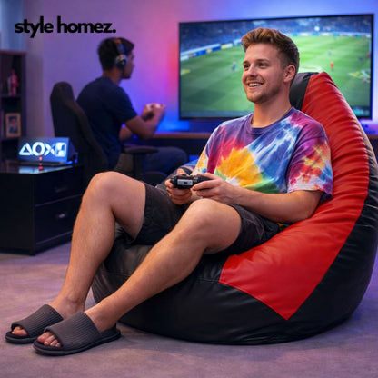 Style Homez Premium Leatherette Classic Bean Bag XXXL Size Black Red Color Filled with Beans Fillers