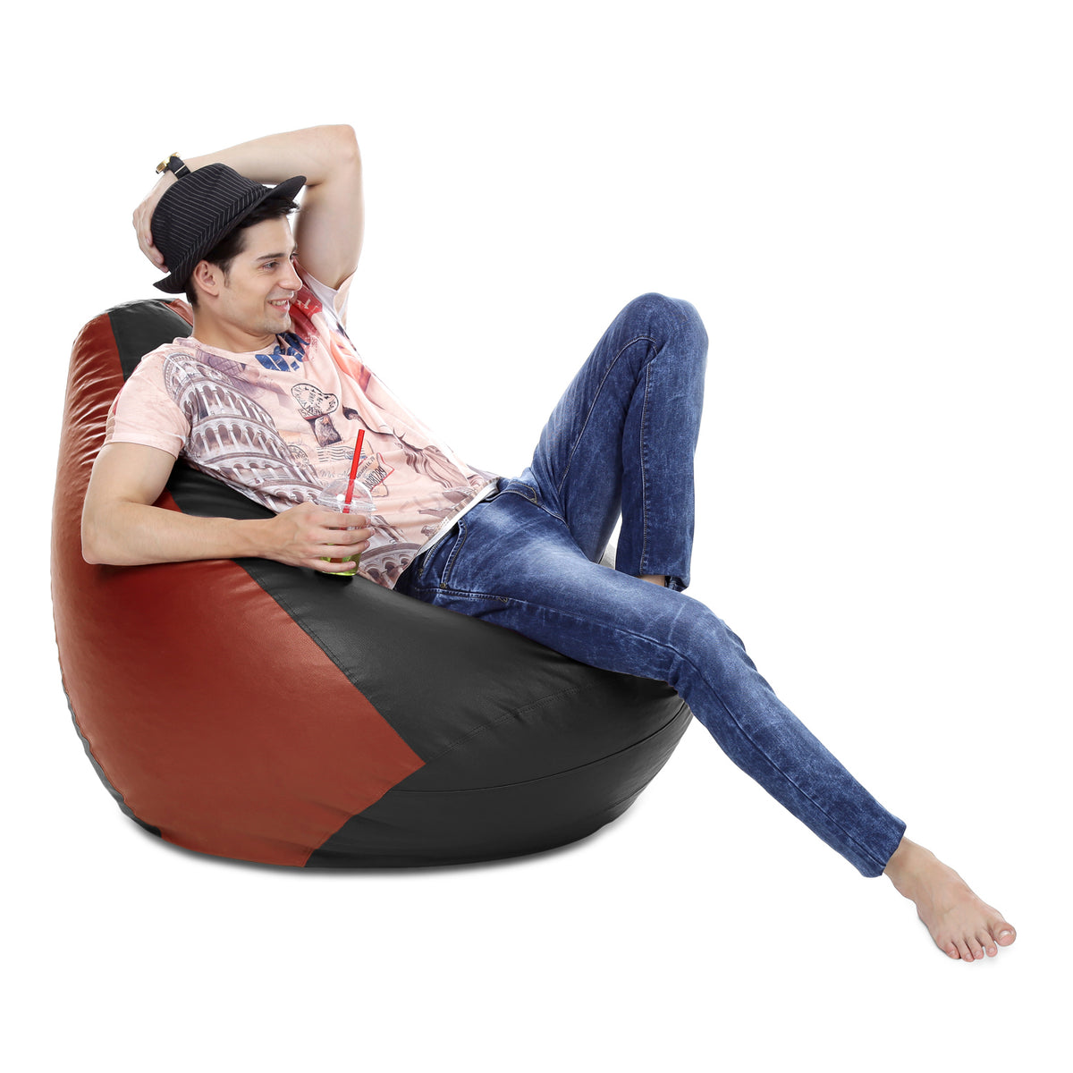 Style Homez Premium Leatherette Classic Bean Bag XXXL Size Black Tan Color Filled with Beans Fillers