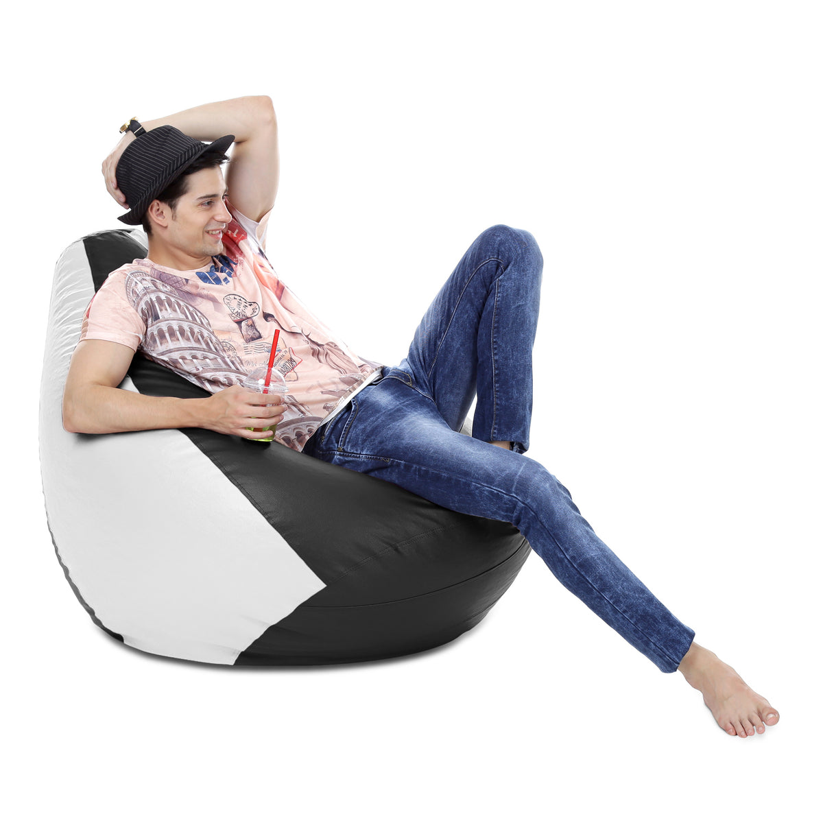 Style Homez Premium Leatherette Classic Bean Bag XXXL Size Black White Color Filled with Beans Fillers