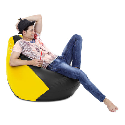 Style Homez Premium Leatherette Classic Bean Bag XXXL Size Black Yellow Color Filled with Beans Fillers