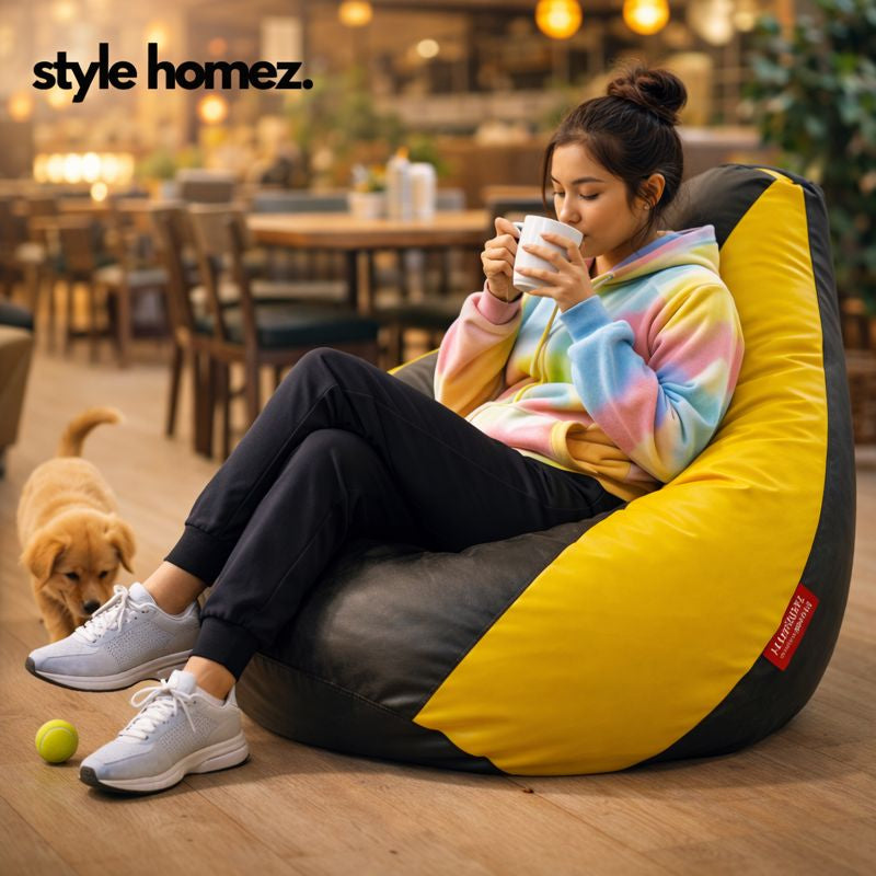 Style Homez Premium Leatherette Classic Bean Bag XXXL Size Black Yellow Color Filled with Beans Fillers