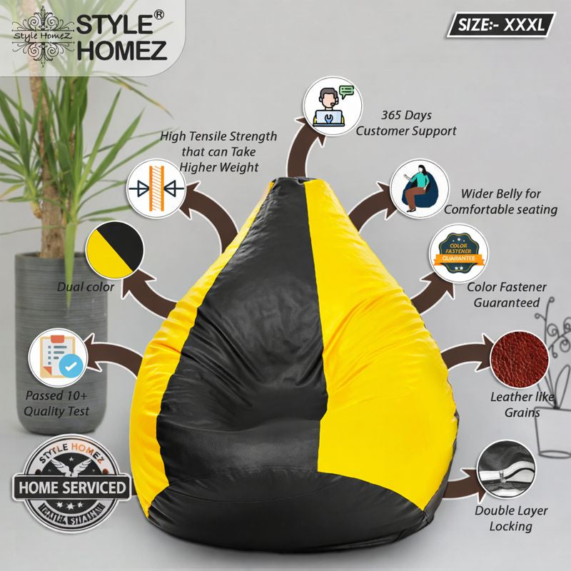Style Homez Premium Leatherette Classic Bean Bag XXXL Size Black Yellow Color Filled with Beans Fillers