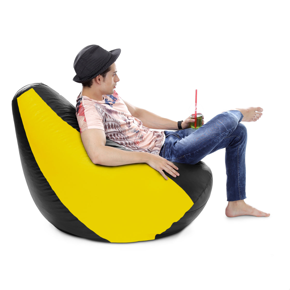 Style Homez Premium Leatherette Classic Bean Bag XXXL Size Black Yellow Color Filled with Beans Fillers