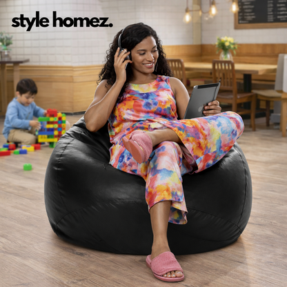 Style Homez Premium Leatherette Classic Bean Bag XXXL Size Black Color Filled with Beans Fillers