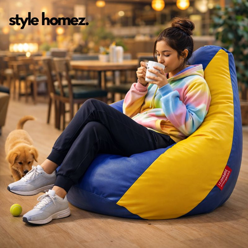 Style Homez Premium Leatherette Classic Bean Bag XXXL Size Blue Yellow Color Filled with Beans Fillers